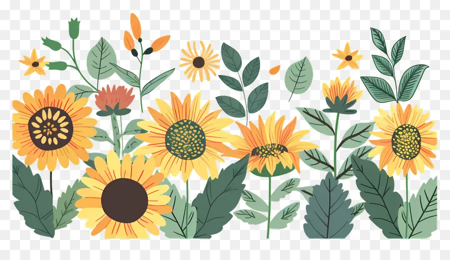 Bordure De Tournesols，Tournesols Et Fleurs Sauvages PNG