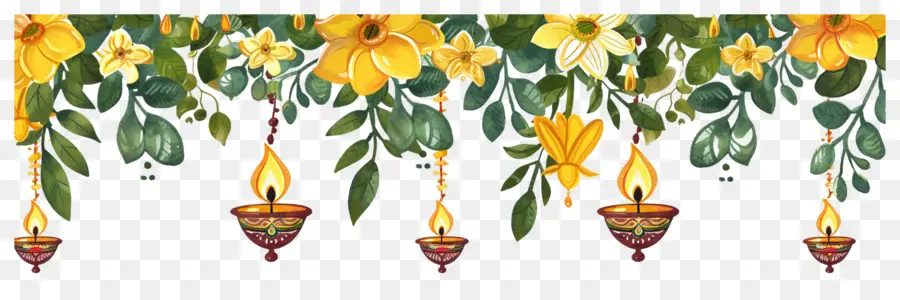 Guirlande De Soucis De Diwali，Lampes à Huile Et Fleurs Suspendues PNG