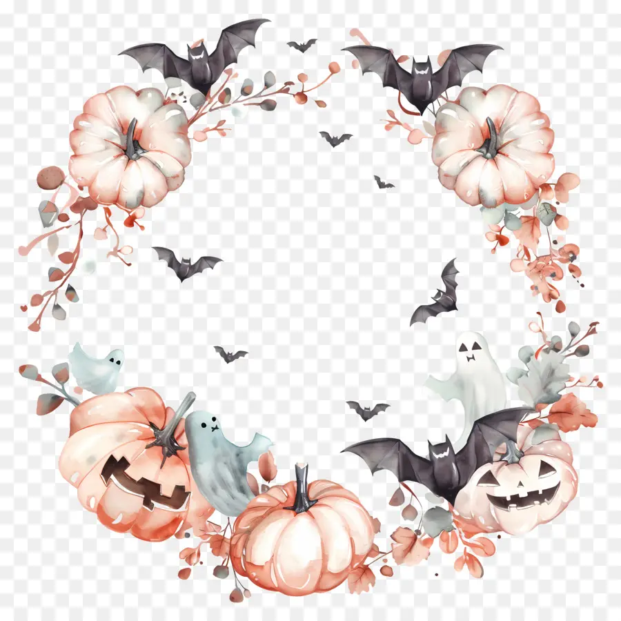 Couronne D'halloween，Couronne De Citrouilles Et De Chauves Souris PNG