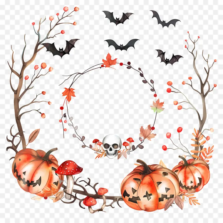 Couronne D'halloween，Couronne De Citrouilles Et De Chauves Souris PNG