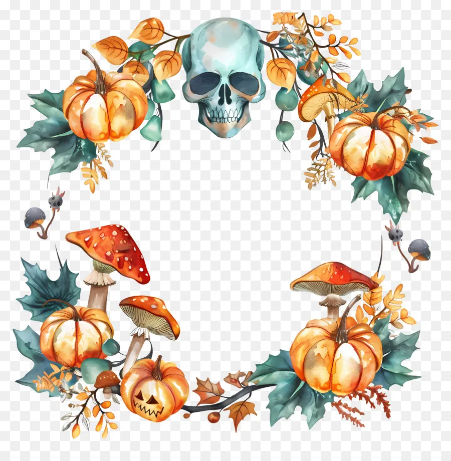 Couronne D'halloween，Couronne Avec Crâne Et Citrouilles PNG