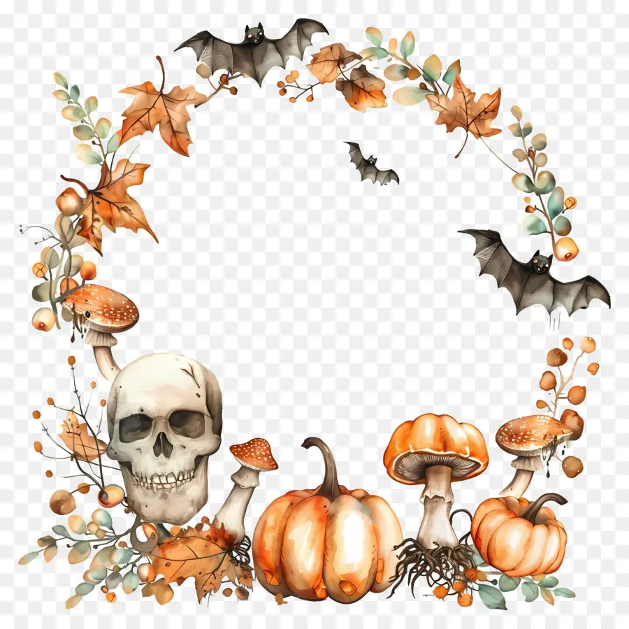 Couronne D'halloween，Couronne Avec Crâne Et Citrouilles PNG