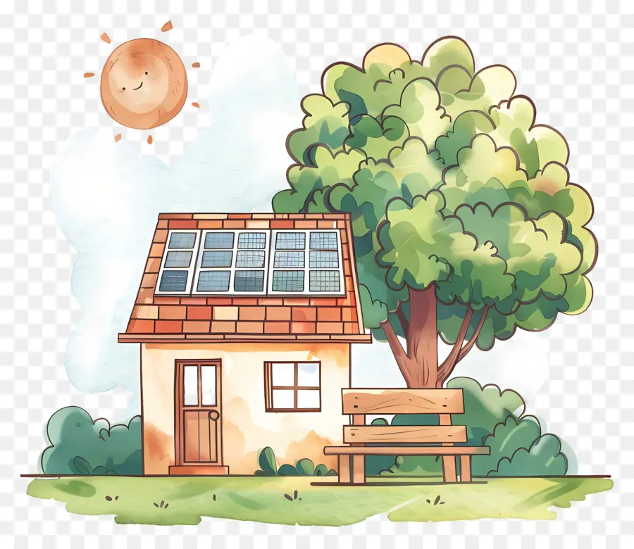 Maison De Dessin Animé，Maison Avec Panneaux Solaires PNG