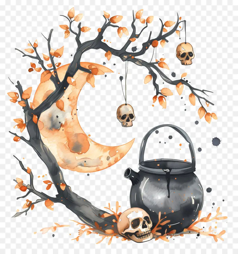 Chaudron D'halloween，Chaudron Avec Croissant De Lune PNG