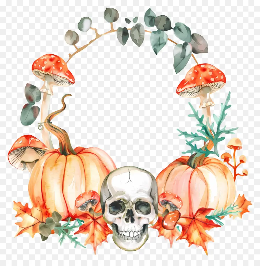 Couronne D'halloween，Couronne Avec Crâne Et Citrouilles PNG