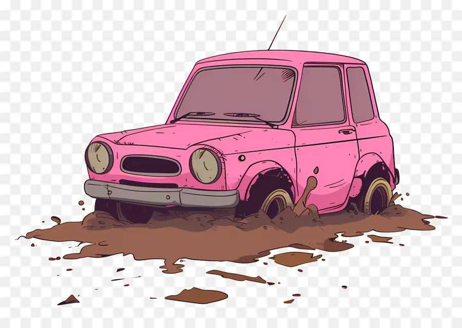 Voiture De Dessin Animé，Voiture Rose Dans La Boue PNG