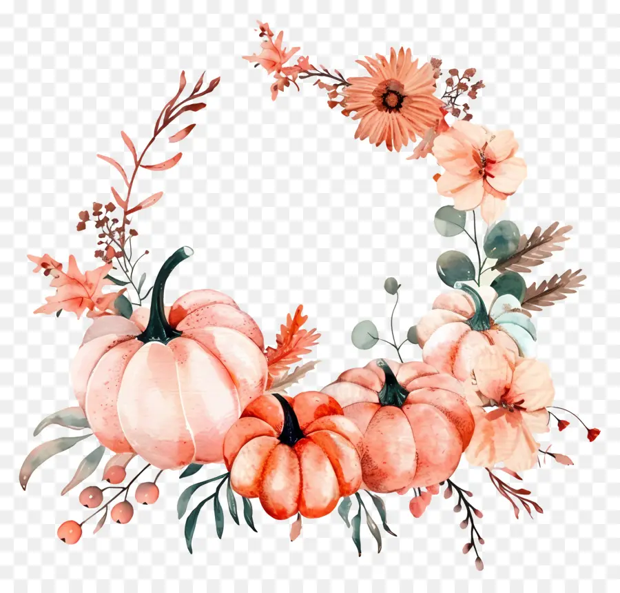 Couronne D'halloween，Citrouilles Et Fleurs PNG