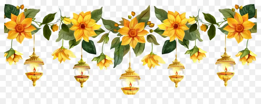 Guirlande De Soucis De Diwali，Fleurs Et Lanternes PNG