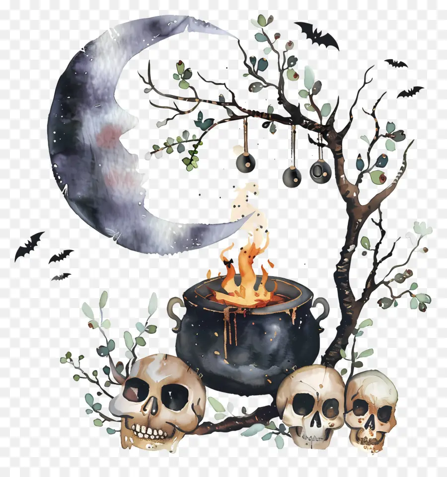 Chaudron D'halloween，Chaudron Avec Pleine Lune PNG