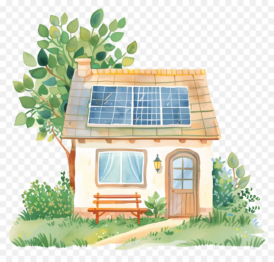 Maison De Dessin Animé，Maison Avec Panneaux Solaires PNG