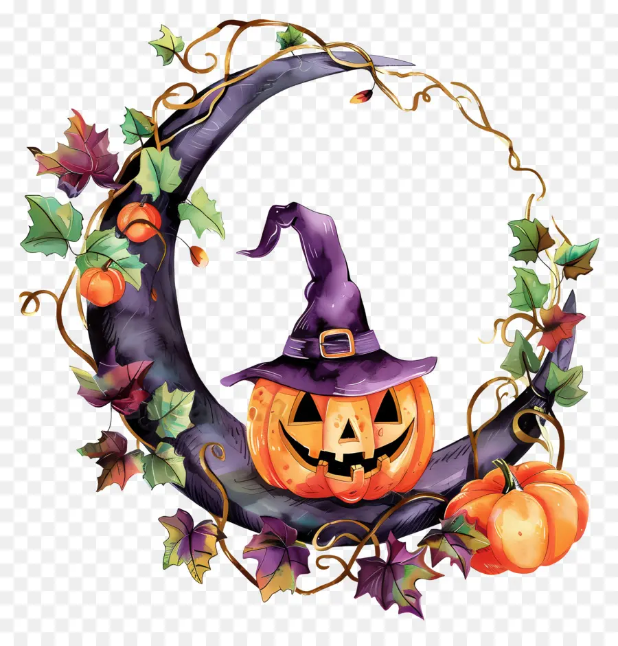 Couronne D'halloween，Citrouille Avec Chapeau De Sorcière PNG