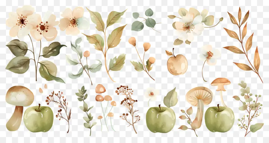 Fond D'automne，Pommes Vertes Et Fleurs PNG