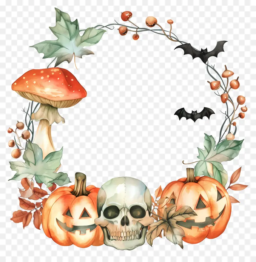 Couronne D'halloween，Couronne Avec Crâne Et Citrouilles PNG