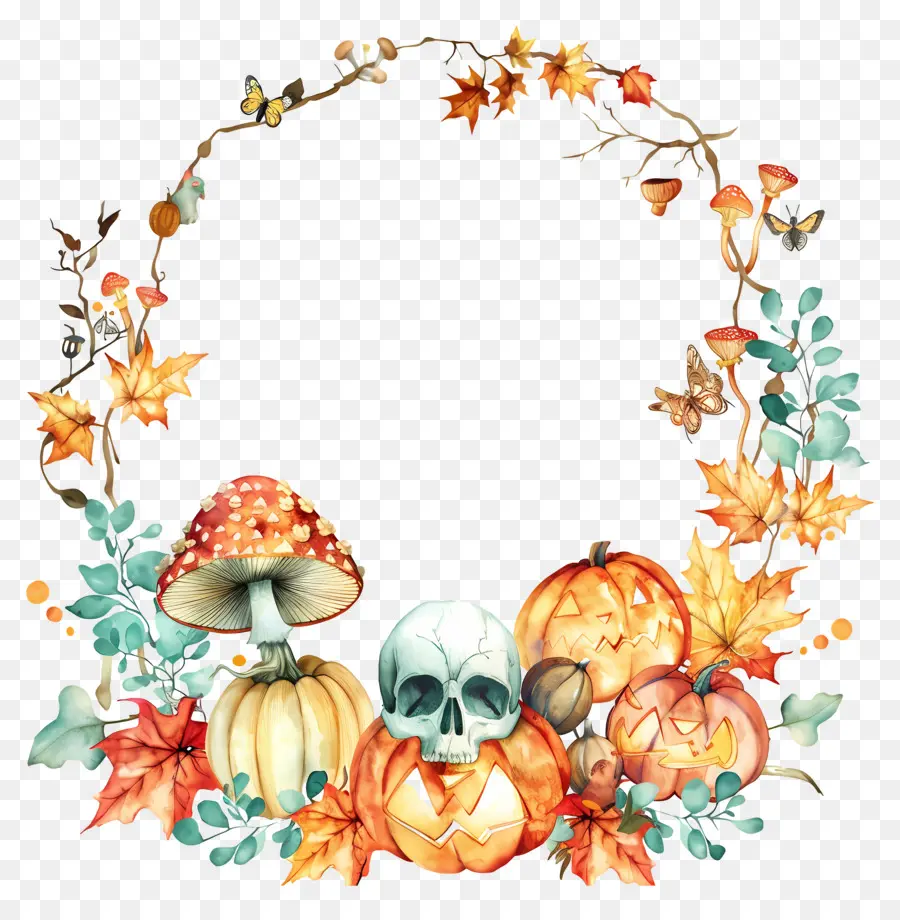 Couronne D'halloween，Couronne Avec Crâne Et Citrouilles PNG