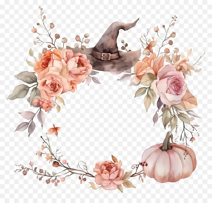 Couronne D'halloween，Couronne Florale Avec Chapeau De Sorcière PNG