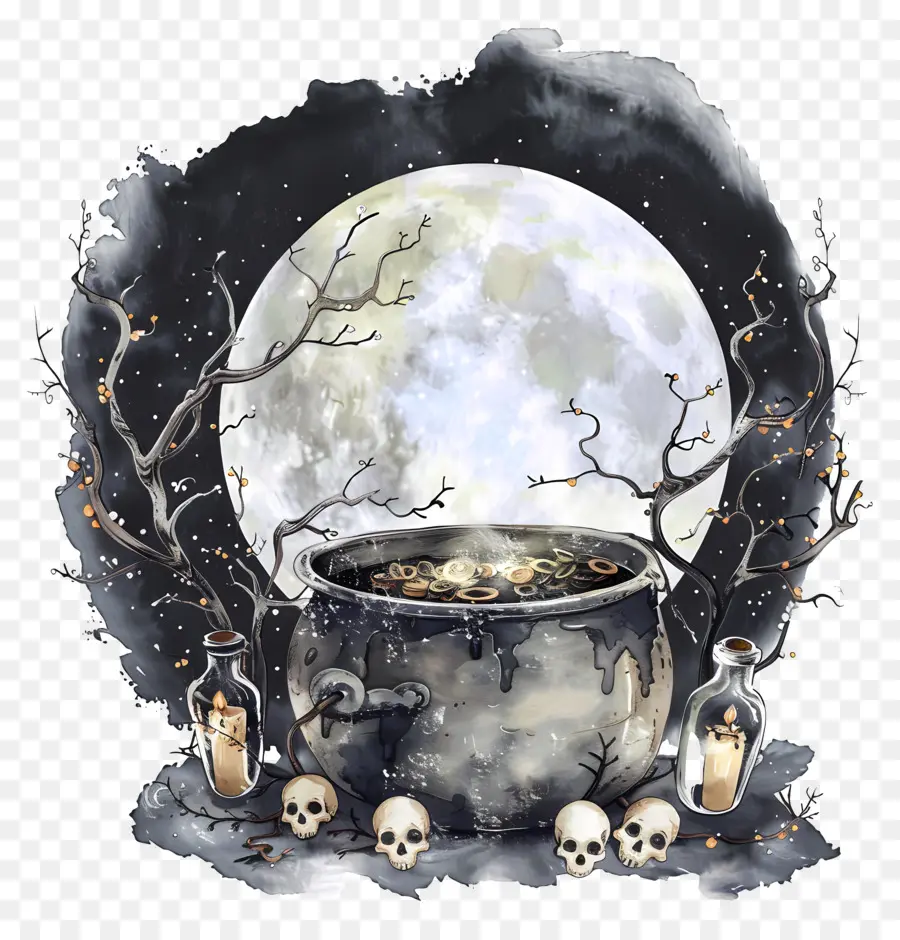 Chaudron D'halloween，Chaudron Avec Pleine Lune PNG