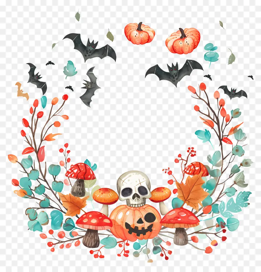 Couronne D'halloween，Couronne De Citrouilles Et De Chauves Souris PNG