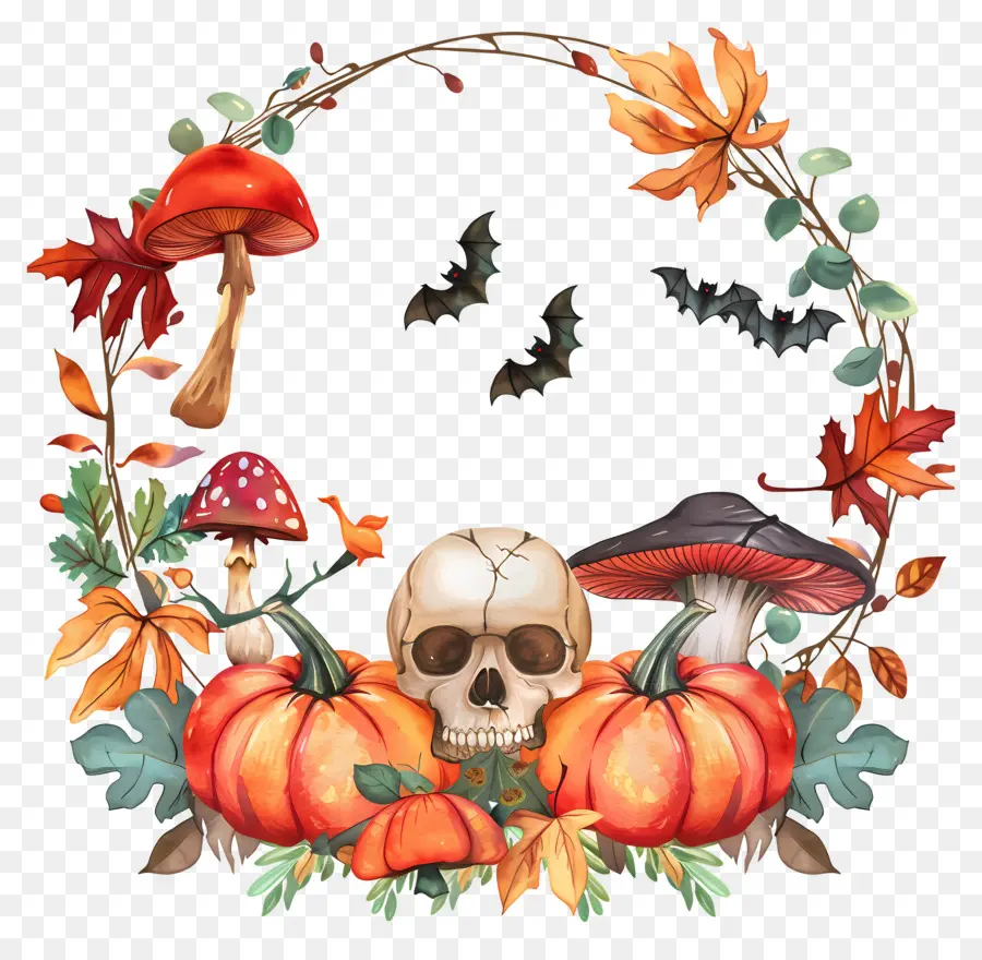 Couronne D'halloween，Couronne Avec Crâne Et Citrouilles PNG