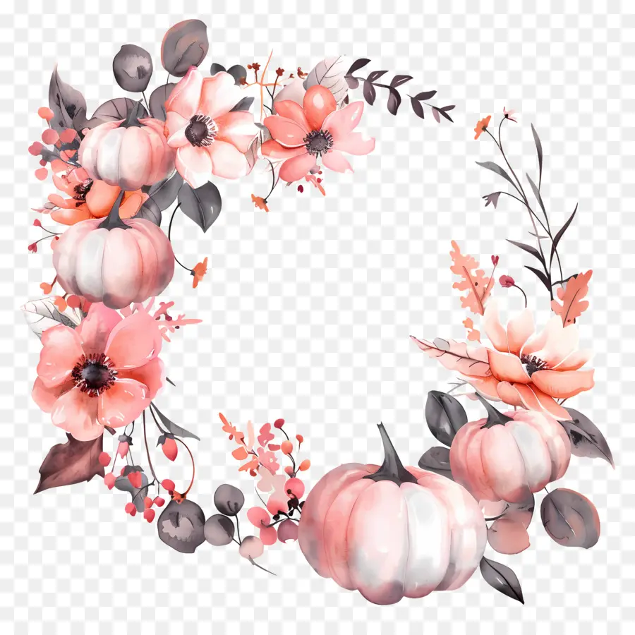 Couronne D'halloween，Citrouilles Et Fleurs PNG