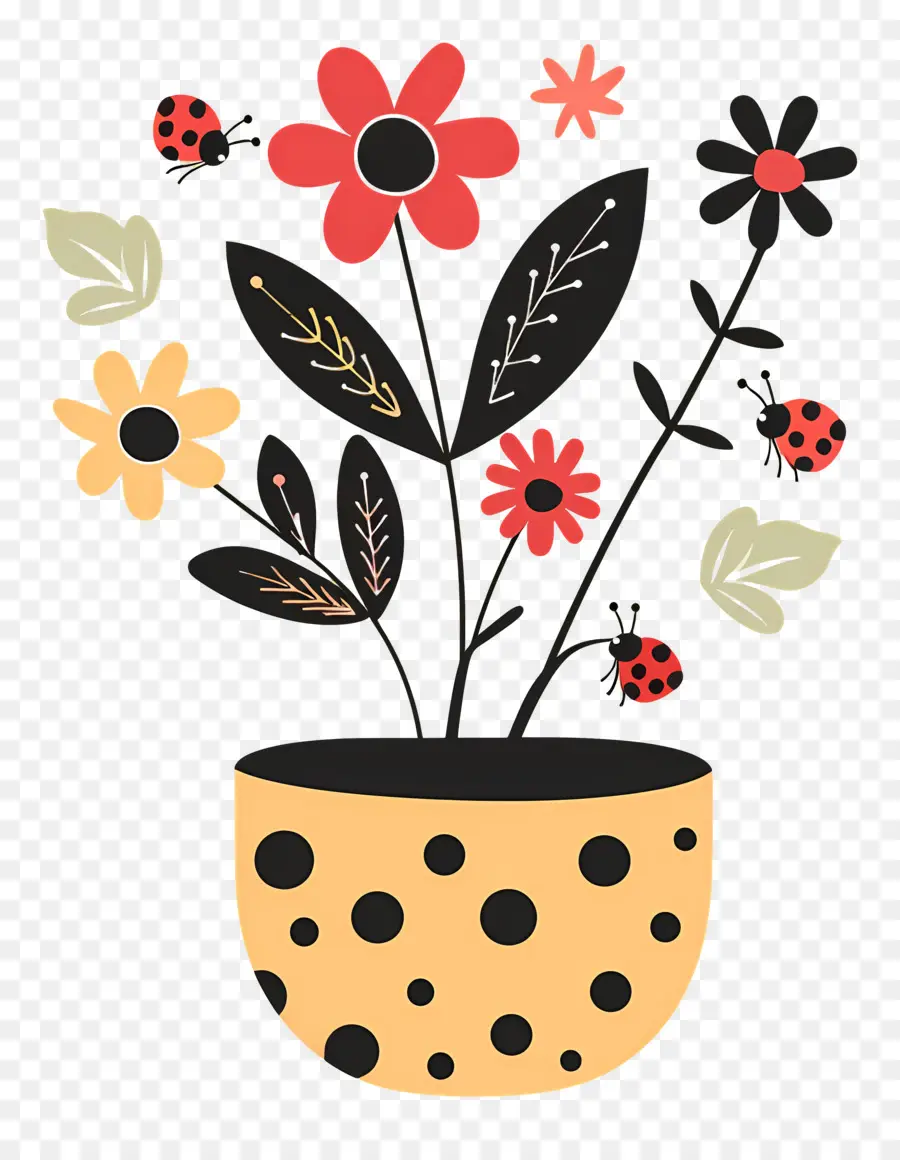 Pot De Fleur，Coccinelles PNG