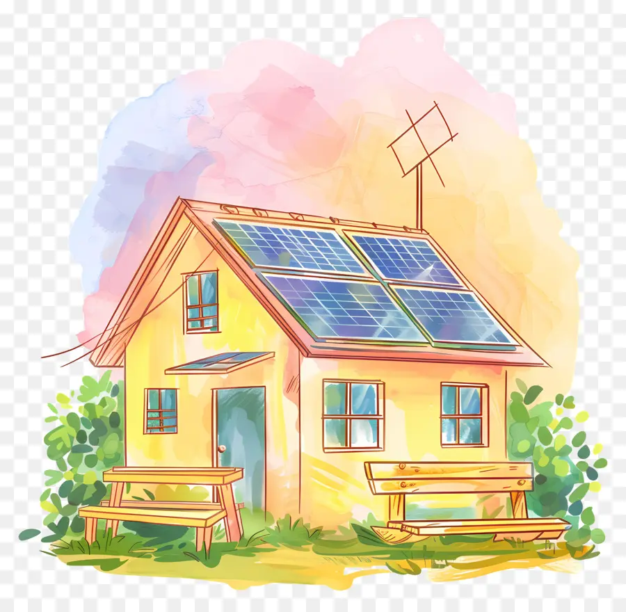 Maison De Dessin Animé，Maison Avec Panneaux Solaires PNG