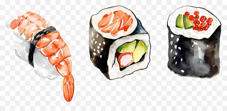 Sushis à L'aquarelle，Rouleaux De Sushi PNG