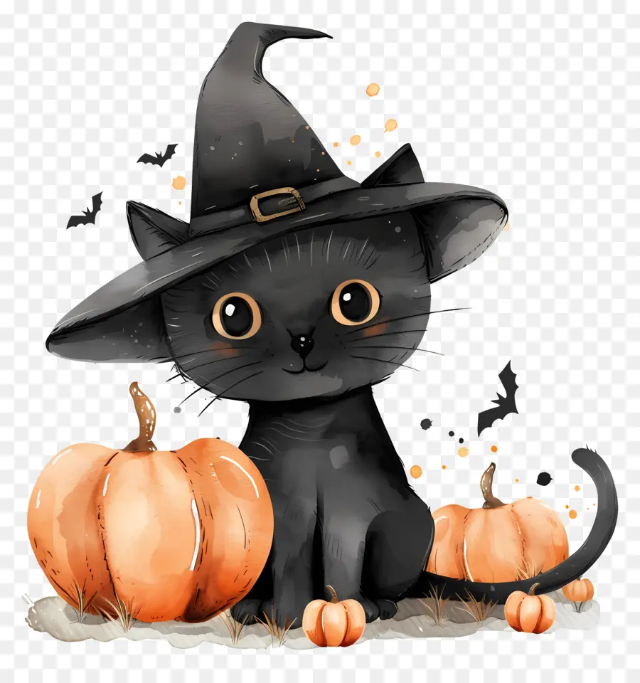 Chat D'halloween，Chat Noir Avec Des Citrouilles PNG