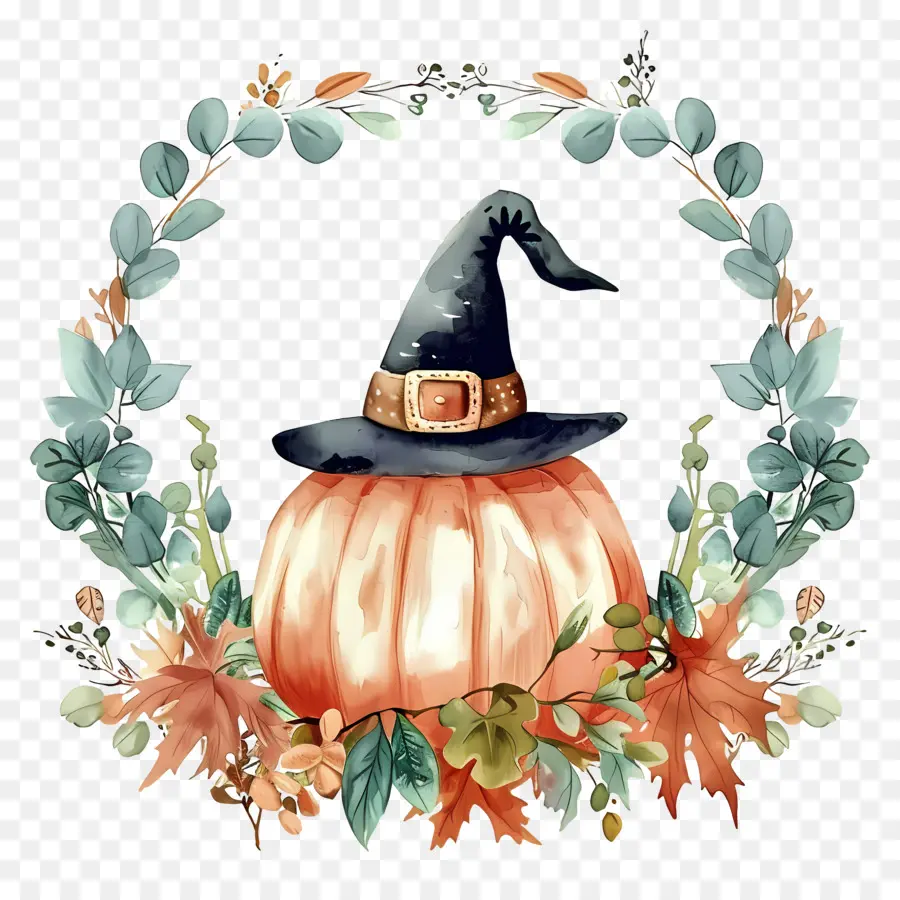 Couronne D'halloween，Citrouille Avec Chapeau De Sorcière PNG