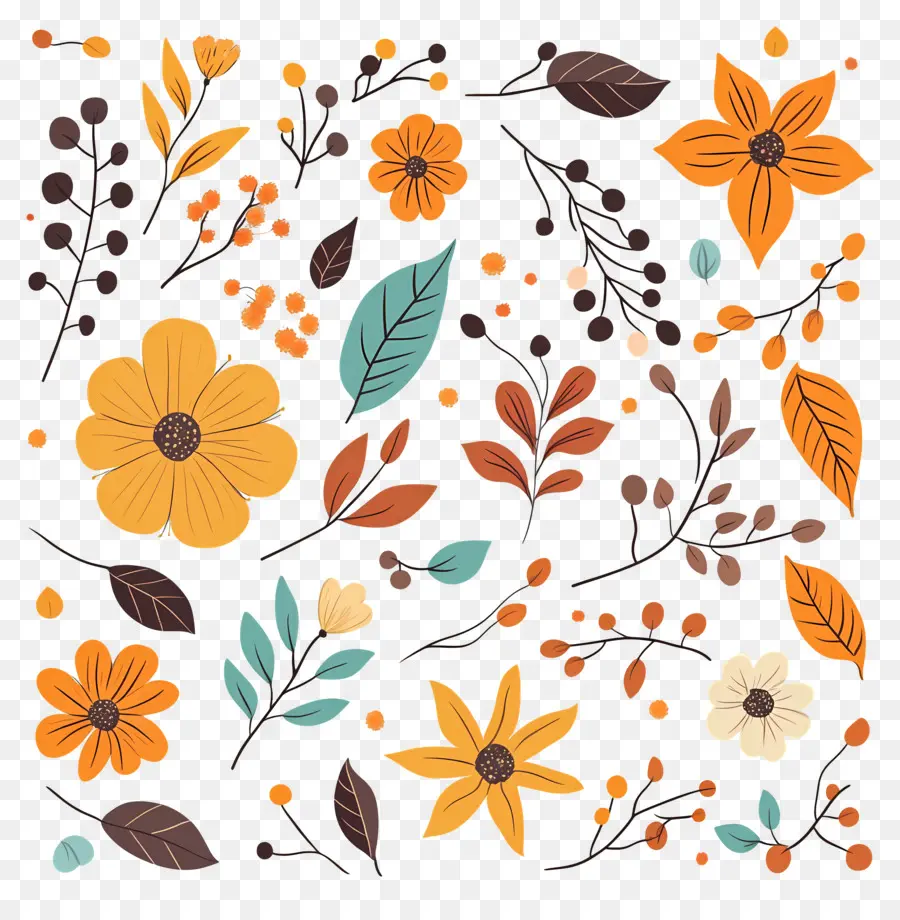 Fond D'automne，Motif Floral Et Feuilles PNG