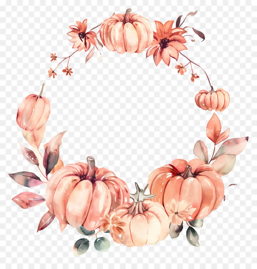 Couronne D'halloween，Citrouilles Et Fleurs PNG