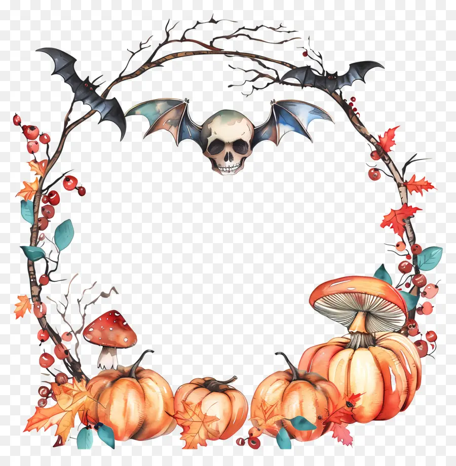 Couronne D'halloween，Couronne De Citrouilles Et De Chauves Souris PNG