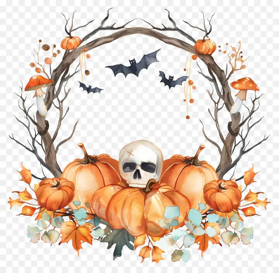 Couronne D'halloween，Couronne De Citrouilles Et De Chauves Souris PNG