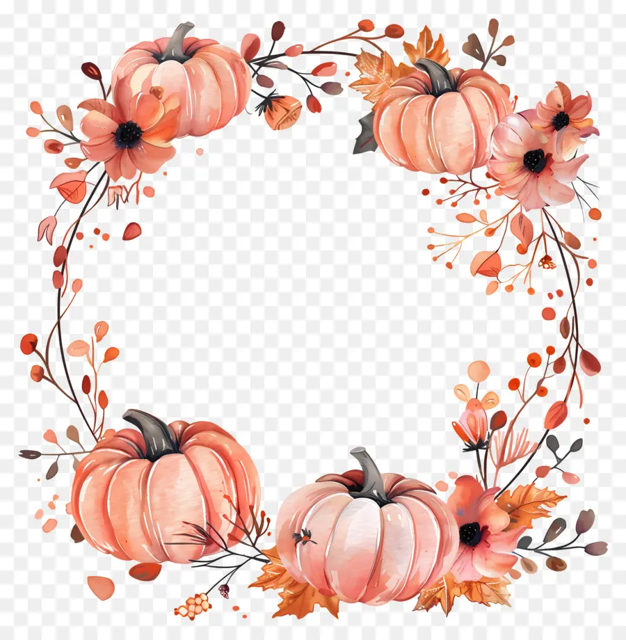 Couronne D'halloween，Citrouilles Et Fleurs PNG