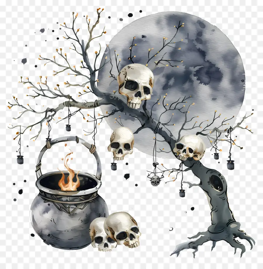 Chaudron D'halloween，Chaudron Avec Pleine Lune PNG