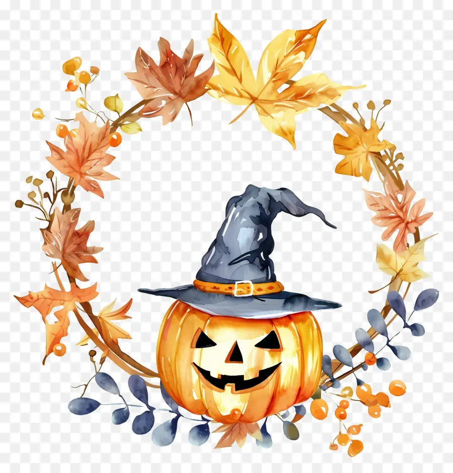 Couronne D'halloween，Citrouille Avec Chapeau De Sorcière PNG