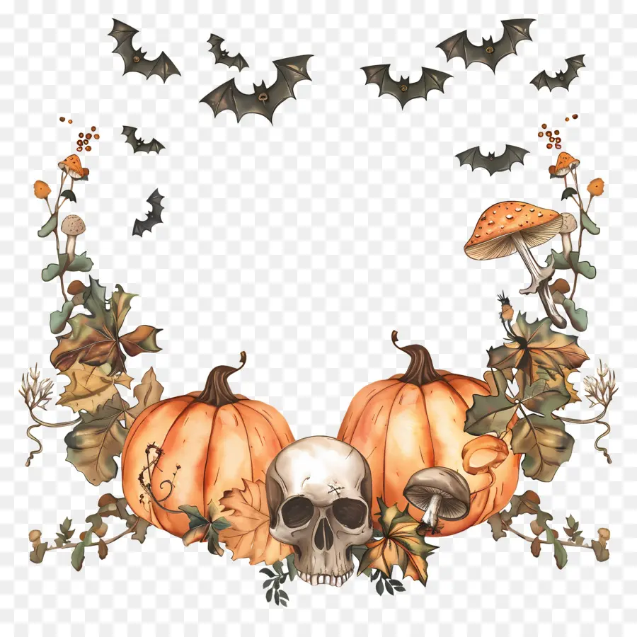 Couronne D'halloween，Couronne De Citrouilles Et De Chauves Souris PNG