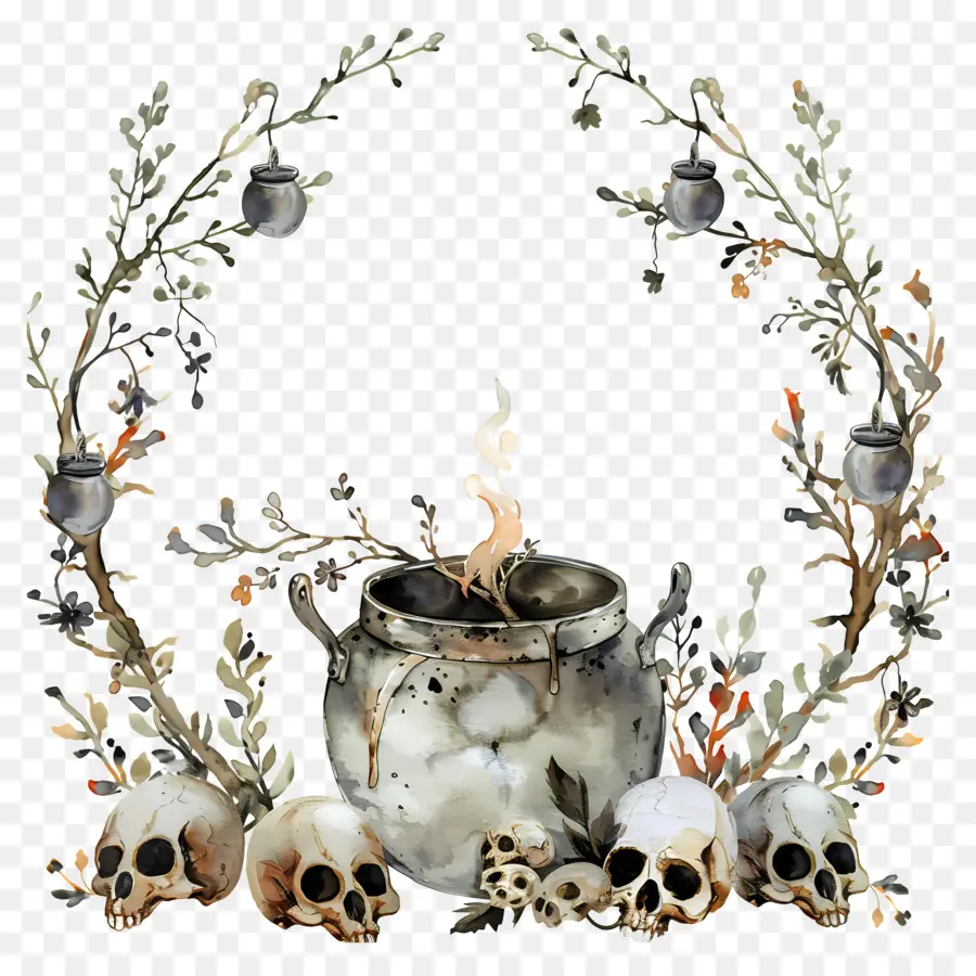 Couronne D'halloween，Chaudron Et Crânes PNG