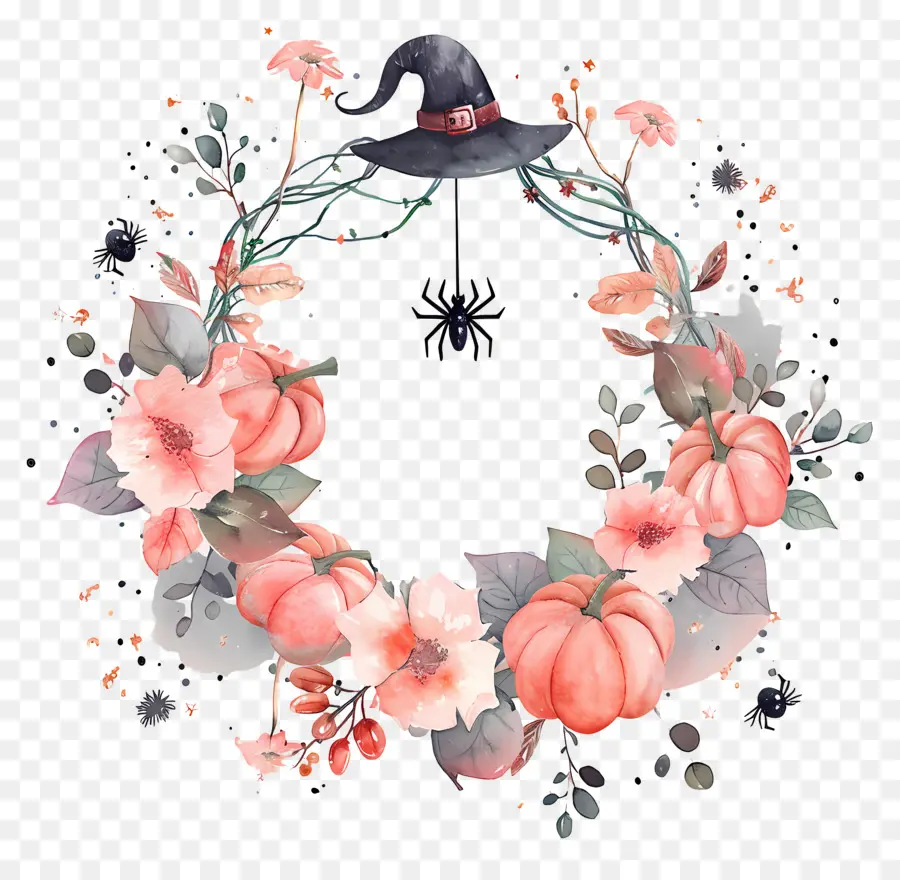 Couronne D'halloween，Couronne Florale Avec Chapeau De Sorcière PNG