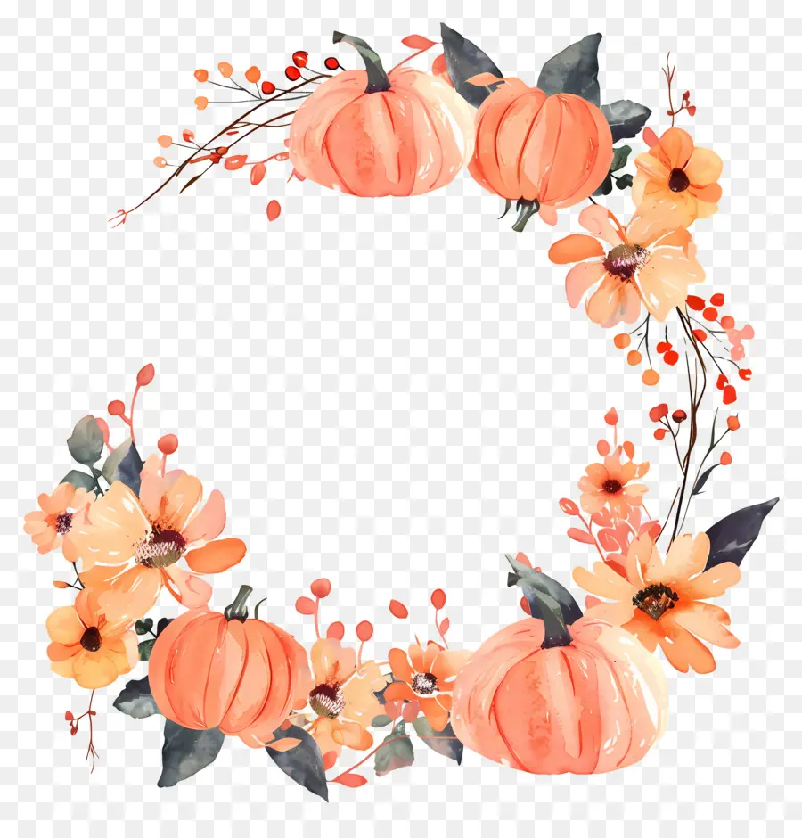 Couronne D'halloween，Citrouilles Et Fleurs PNG