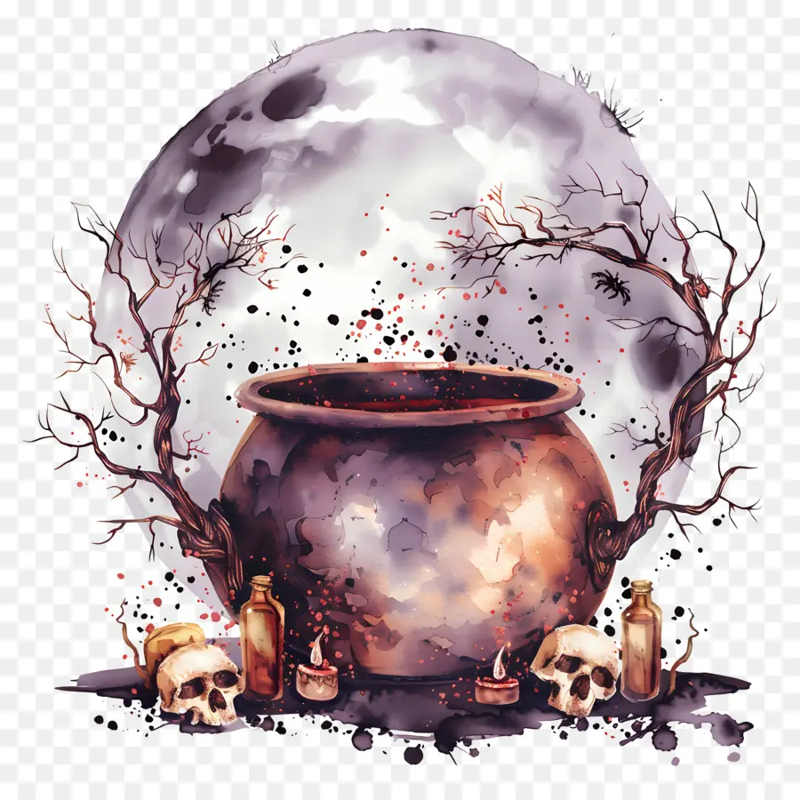 Chaudron D'halloween，Chaudron Avec Pleine Lune PNG