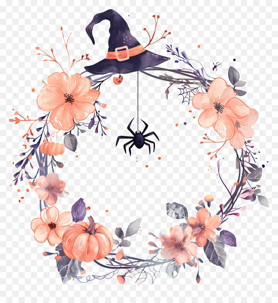 Couronne D'halloween，Couronne Florale Avec Chapeau De Sorcière PNG