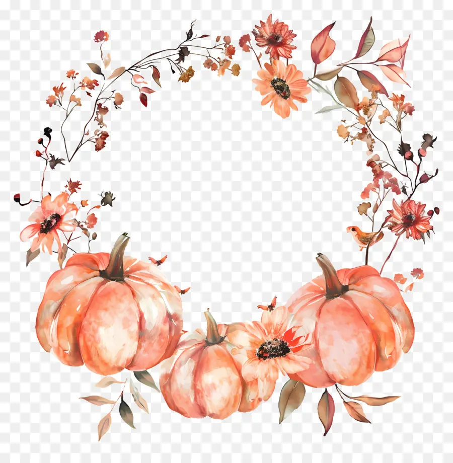 Couronne D'halloween，Citrouilles Et Fleurs PNG