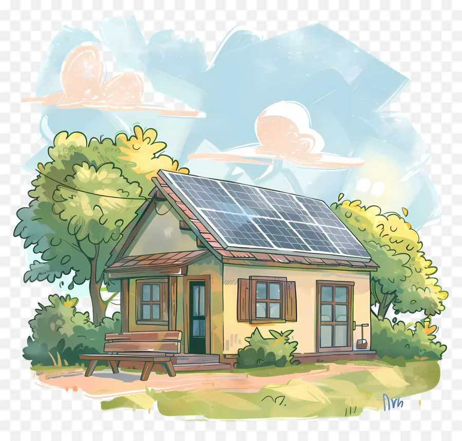 Maison De Dessin Animé，Maison Avec Panneaux Solaires PNG