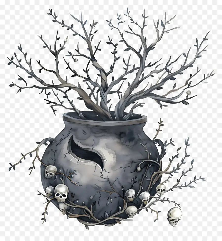 Chaudron D'halloween，Chaudron Sombre Avec Des Branches PNG