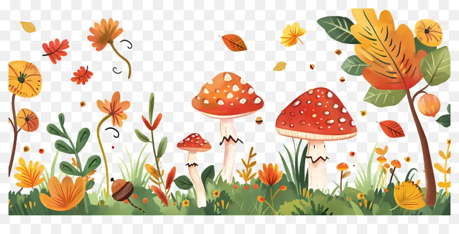 Fond D'automne，Champignons Et Feuilles D'automne PNG