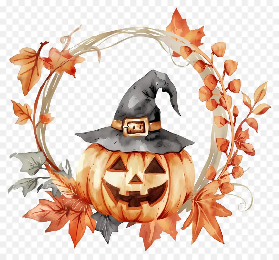 Couronne D'halloween，Citrouille Avec Chapeau De Sorcière PNG