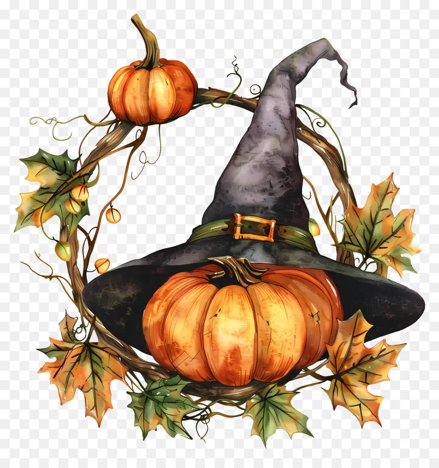 Couronne D'halloween，Citrouille Avec Chapeau De Sorcière PNG