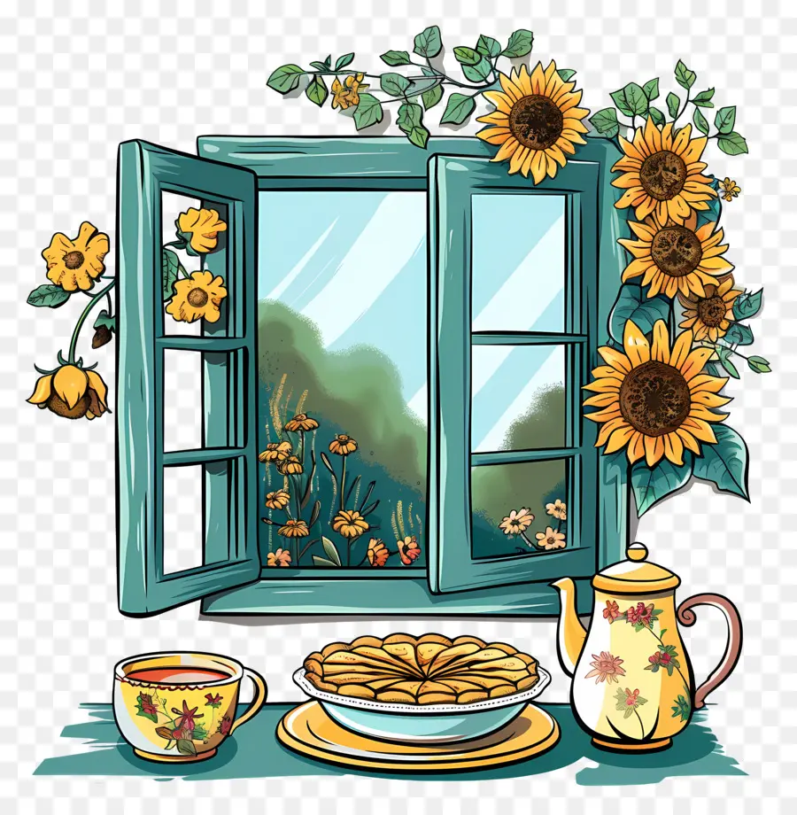 Fenêtre De Dessin Animé，Fenêtre Avec Tournesols PNG