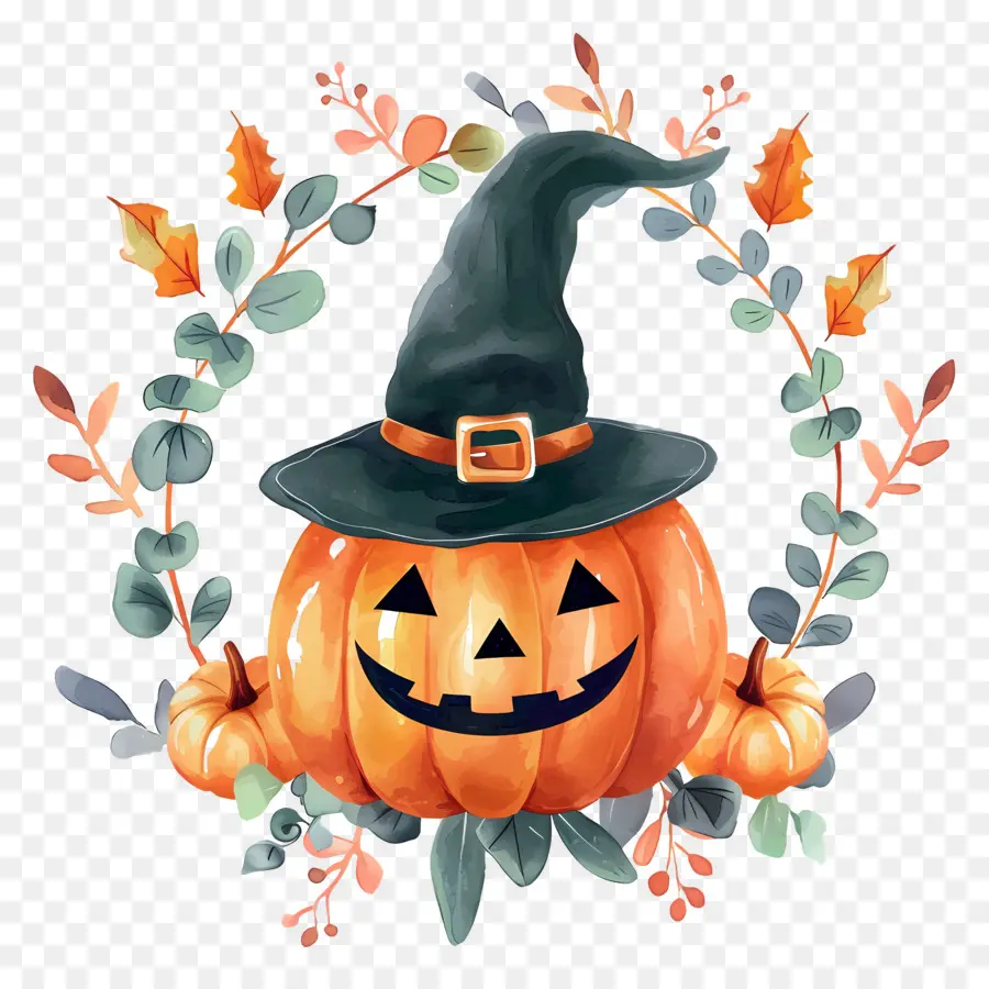 Couronne D'halloween，Citrouille Avec Chapeau De Sorcière PNG