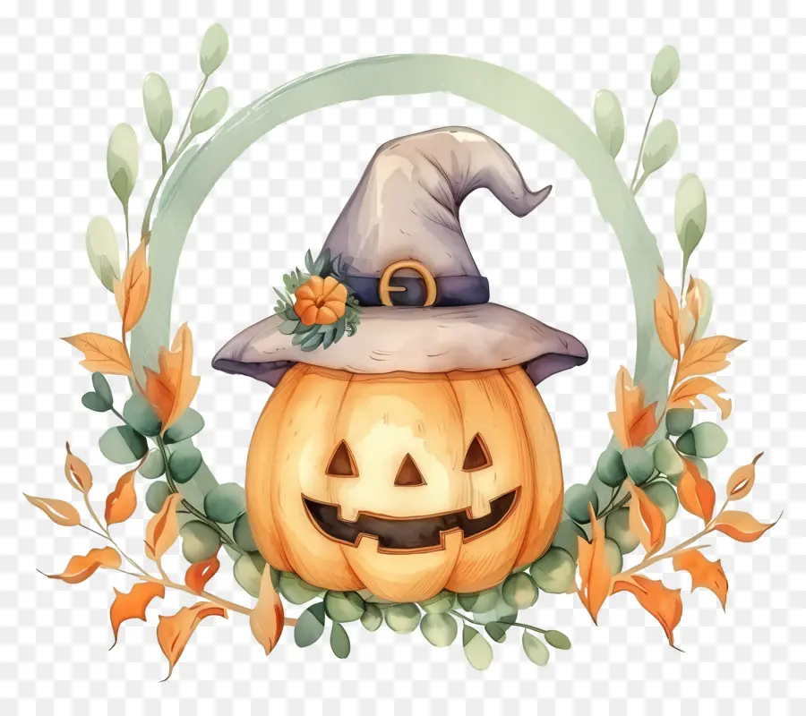 Couronne D'halloween，Citrouille Avec Chapeau De Sorcière PNG